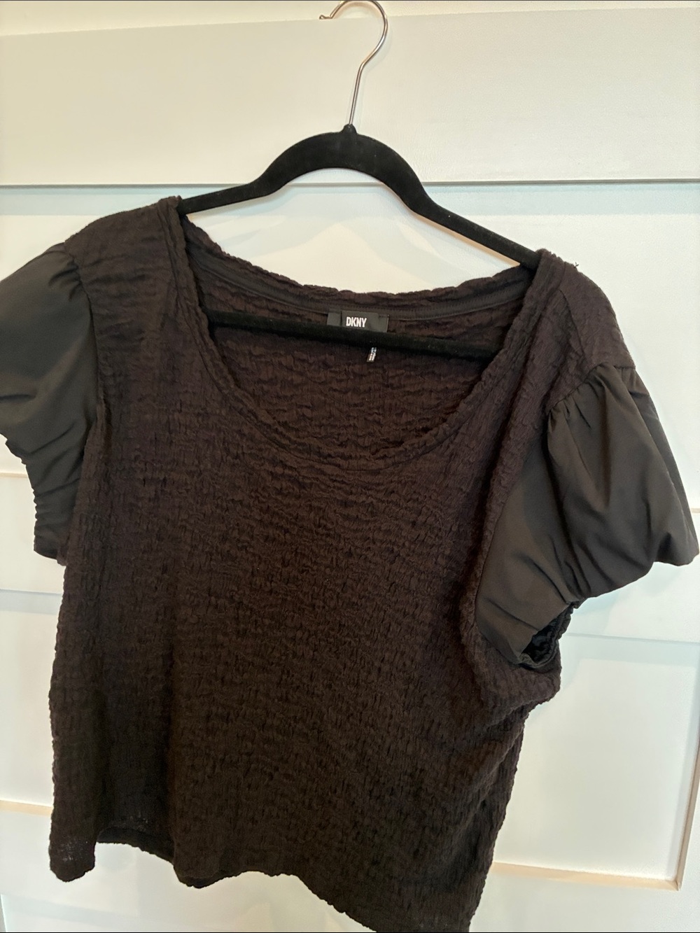 DKNY Black Textured Tee with Puff Short Sleeves